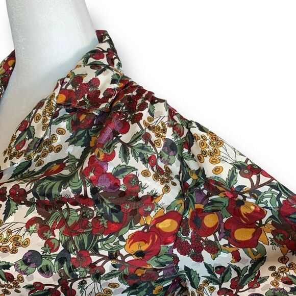 Vintage 90s Shirt Multicolor Fruit Dark Floral Print Reflective Satin Blouse 10 - Picture 6 of 10